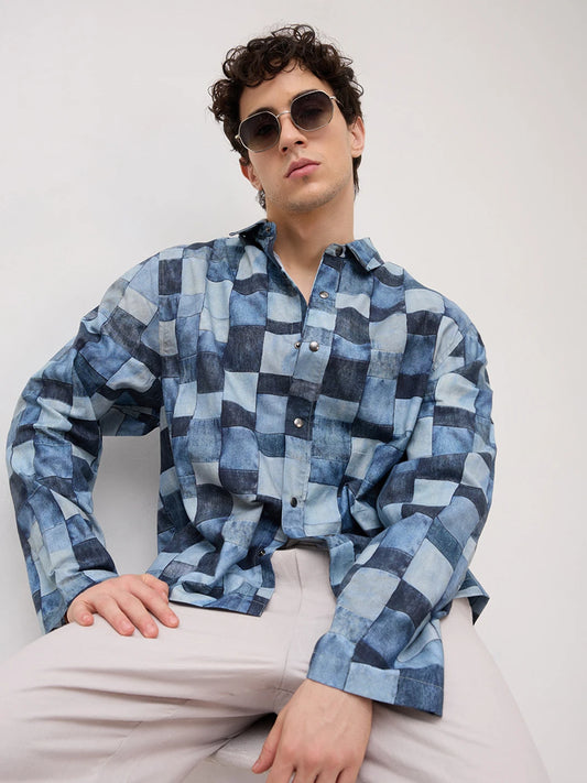 Ocean Blue Abstract Printed Cuffless Oversized Shirt