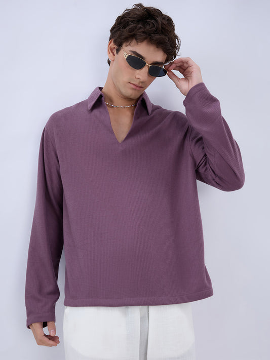 Dusty Purple Micro Weave Knitted Oversized Polo Shirt