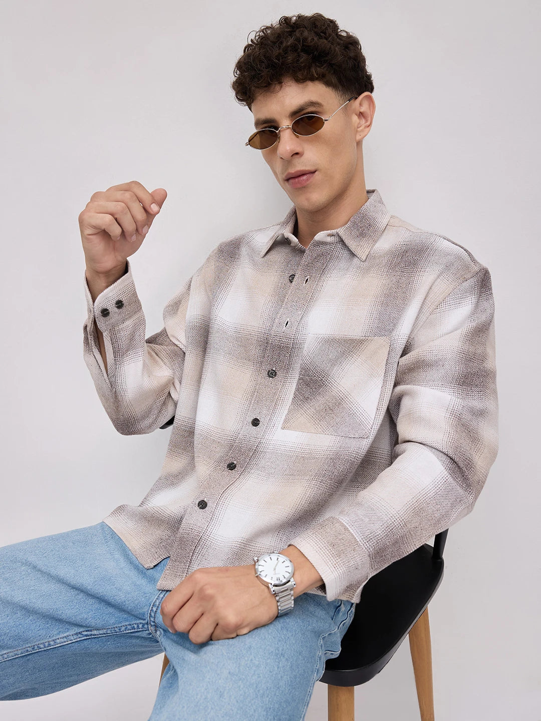 Beige Plaid Checks Boxy Fit Crop Shirt