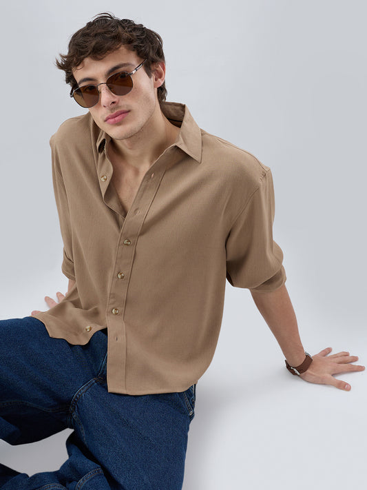 Khaki Olive Fine Grid Textured Boxy Fit Oversized Shirt
