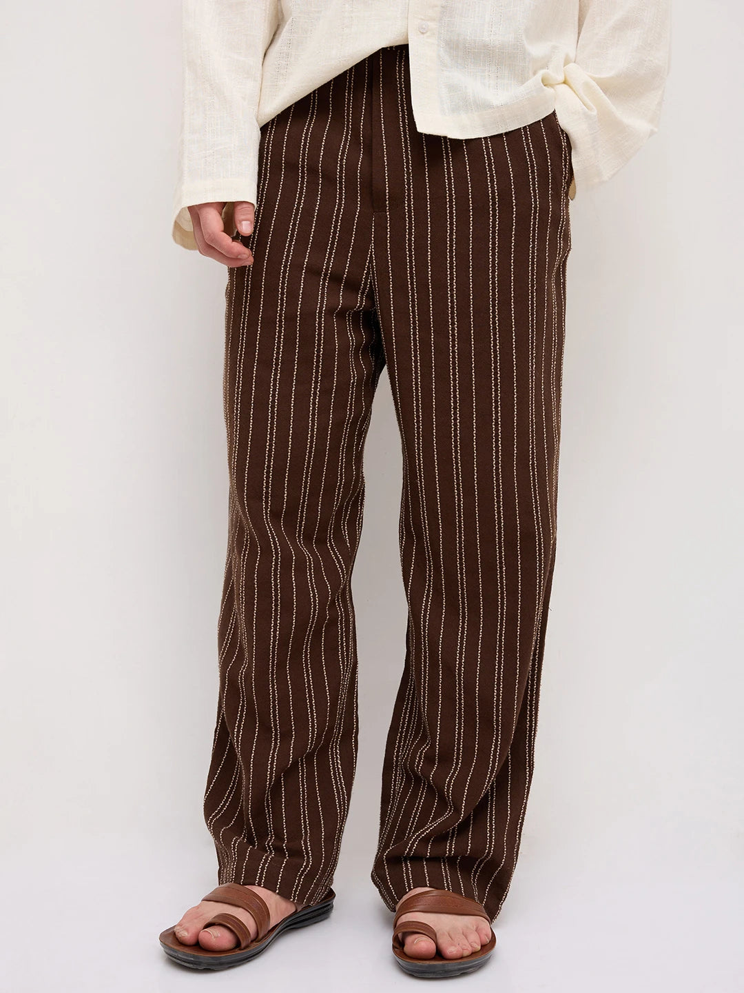 Intricate Coffee Brown Striped Straight Leg Trousers