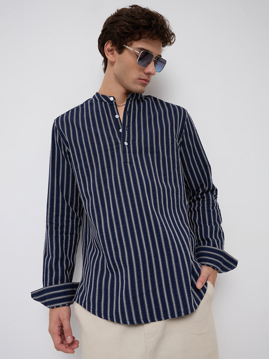 Luxe Coastal Navy Motif Embroidered Striped Kurta