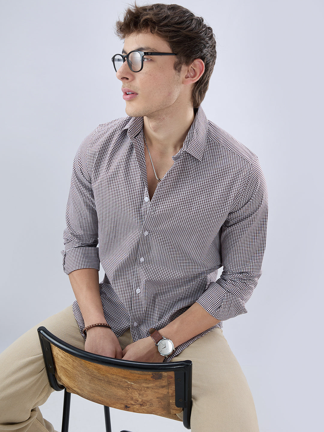 Brunette Brown & White Tiny Checkered Oxford Shirt