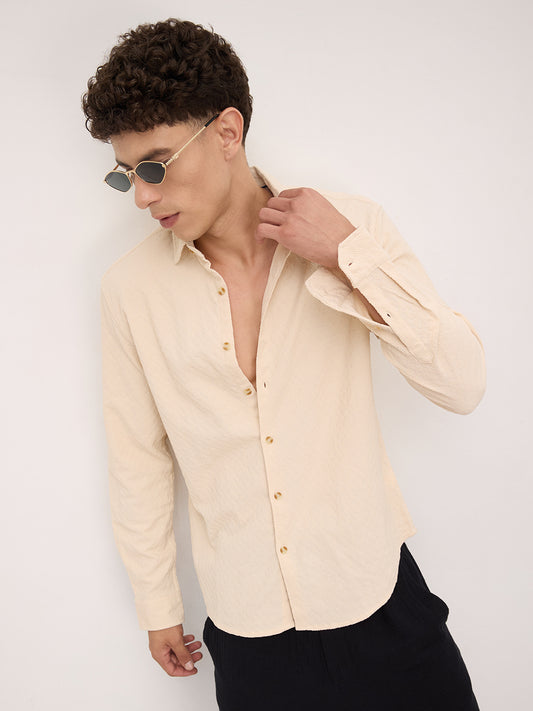 Oyster Cream Geometric Textured Shirt