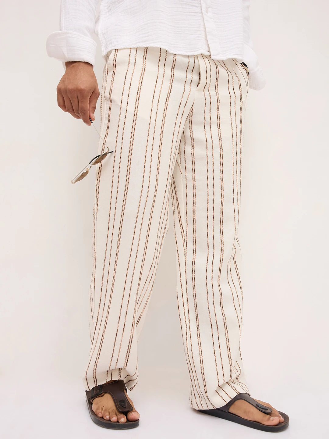 Artistic Off-White Crochet Striped Straight Fit Trousers