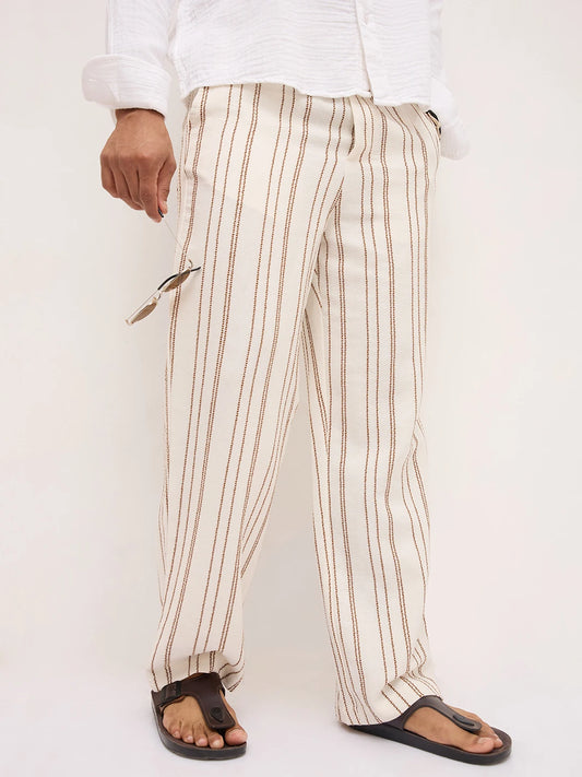 Artistic Off-White Crochet Striped Straight Fit Trousers