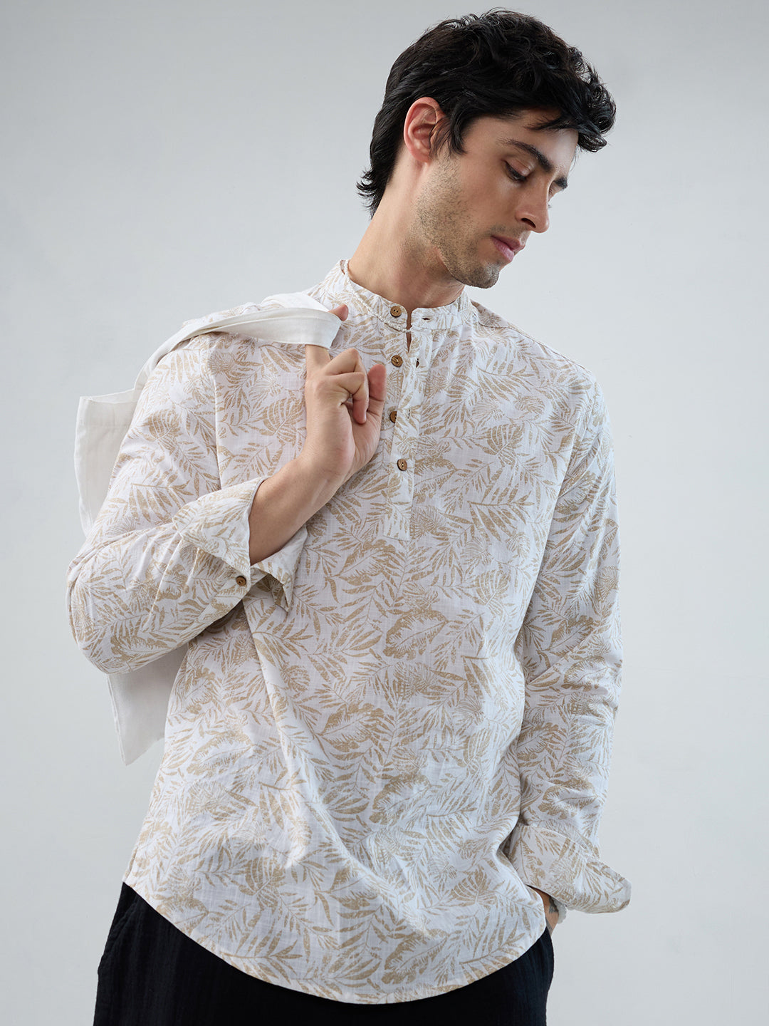 Classic Beige Leaf Printed Kurta