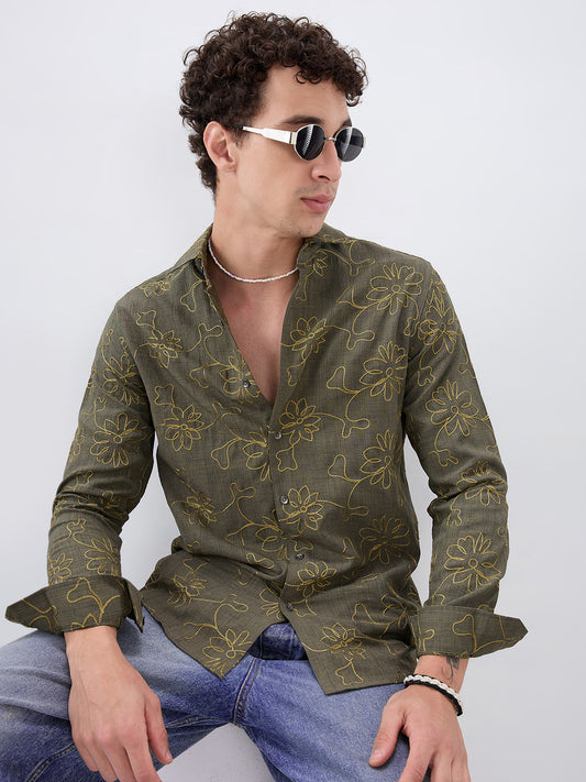 Olive Slub Textured Floral Contrast Embroidered Shirt