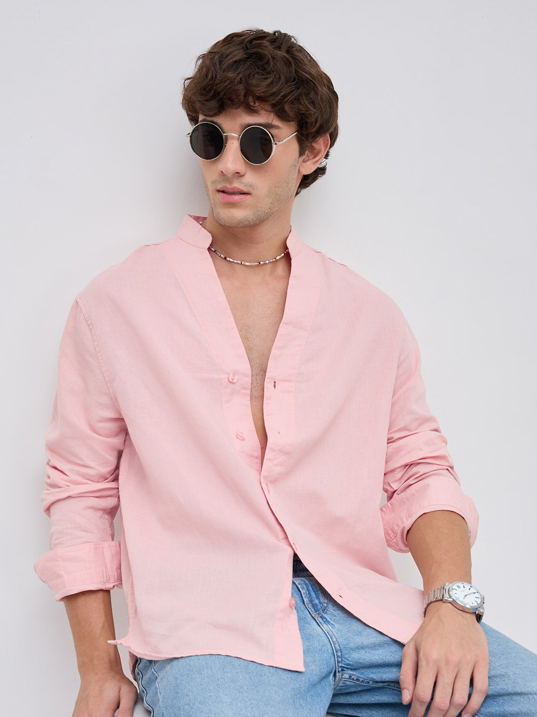 Mist Pink Linen Blend Stand Collar Oversized Shirt