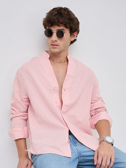 Mist Pink Linen Blend Stand Collar Oversized Shirt