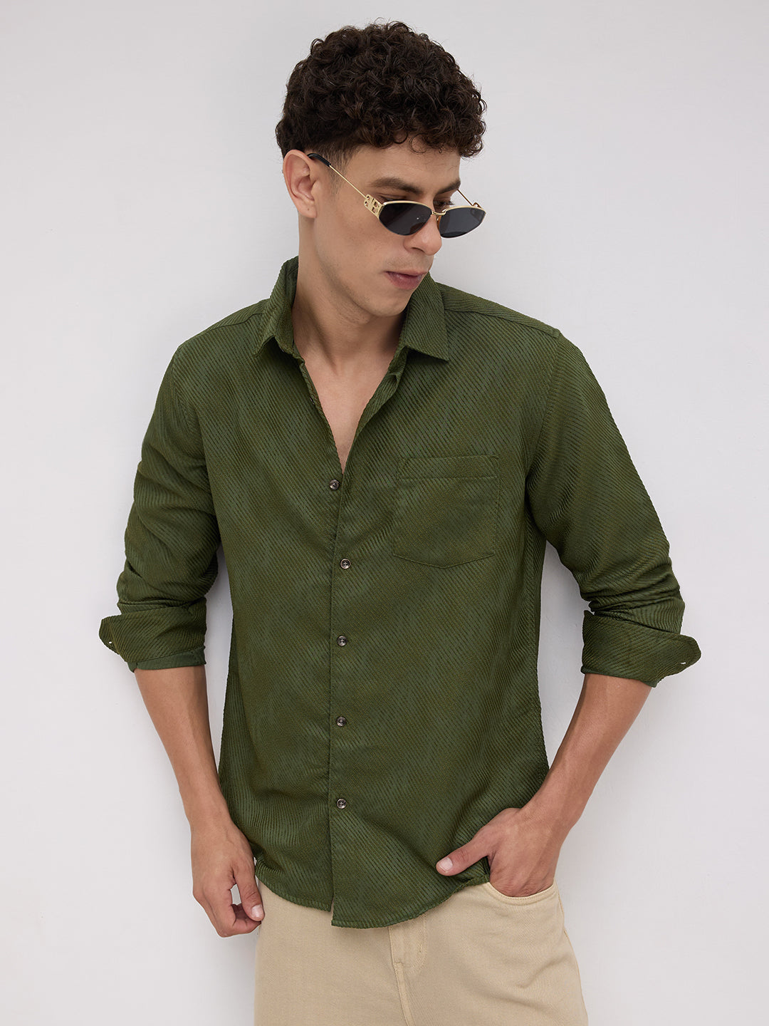 Olive Asymmetric Stripe Textured Shirt
