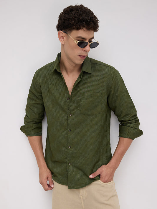Olive Asymmetric Stripe Textured Shirt
