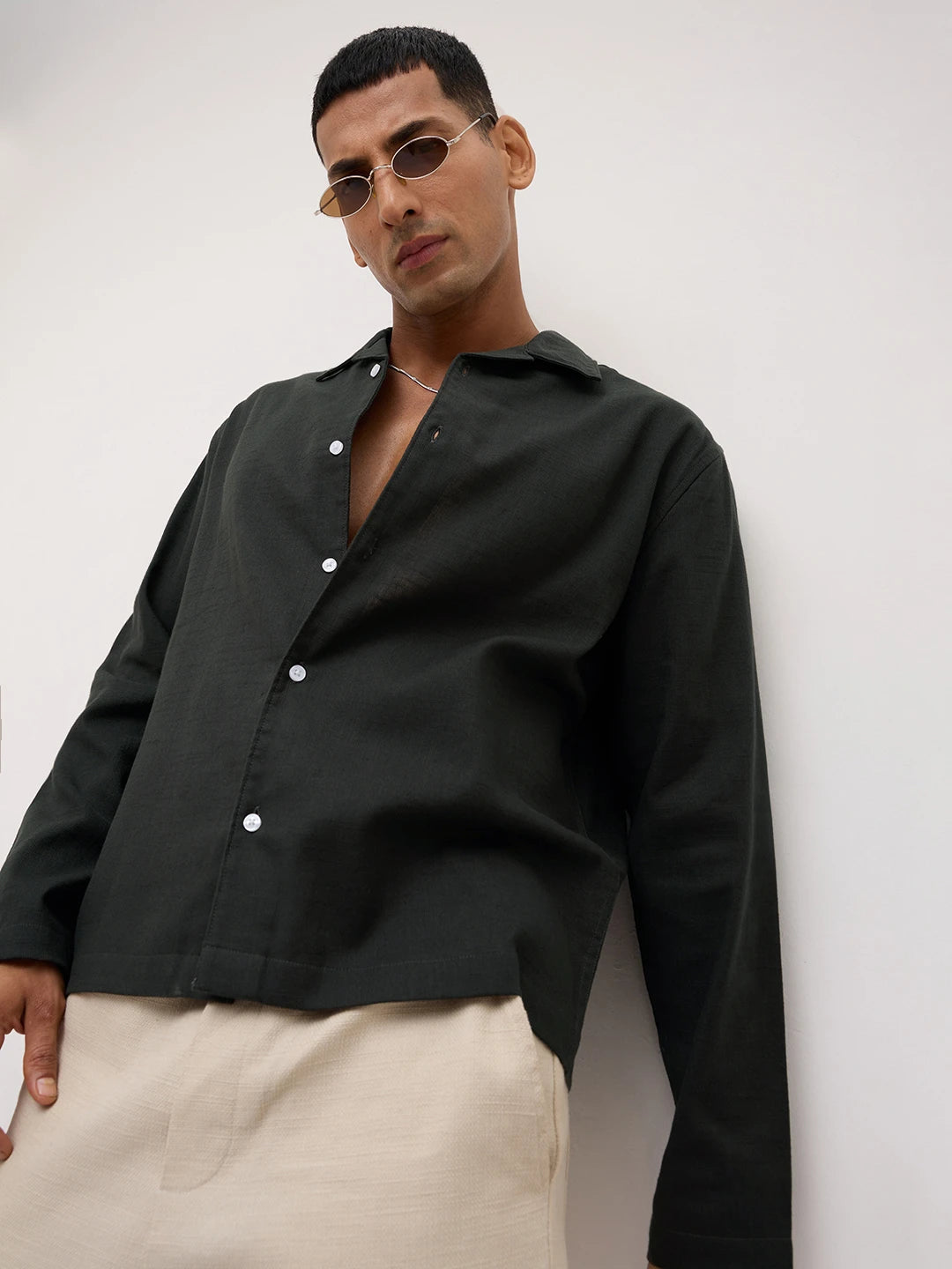 Forest Green Fine Sheer Slub Textured Oversized Notch Collar Shirt