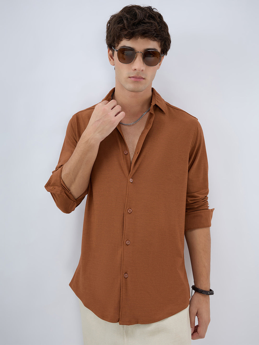 Classic Solid Sienna Brown Knitted Shirt