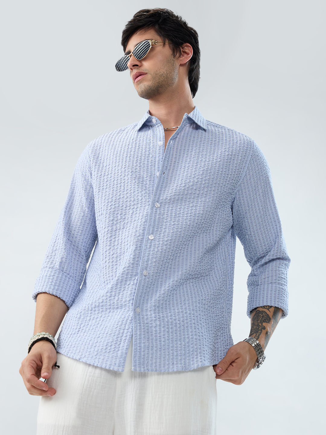 Frost White Azure Fine Striped Seersucker Shirt