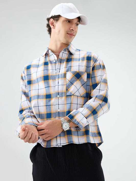 Denim Blue Herringbone Windowpane Checks Boxy Fit Shirt