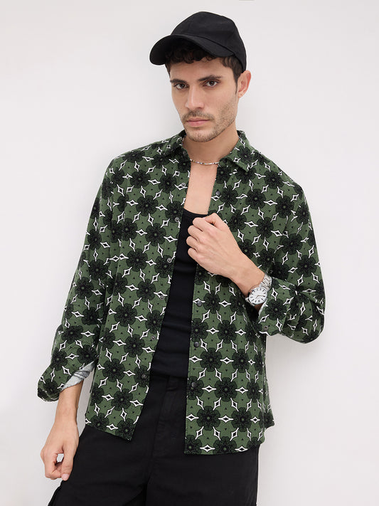 Emerald Green Floral Bloom Corduroy Shirt