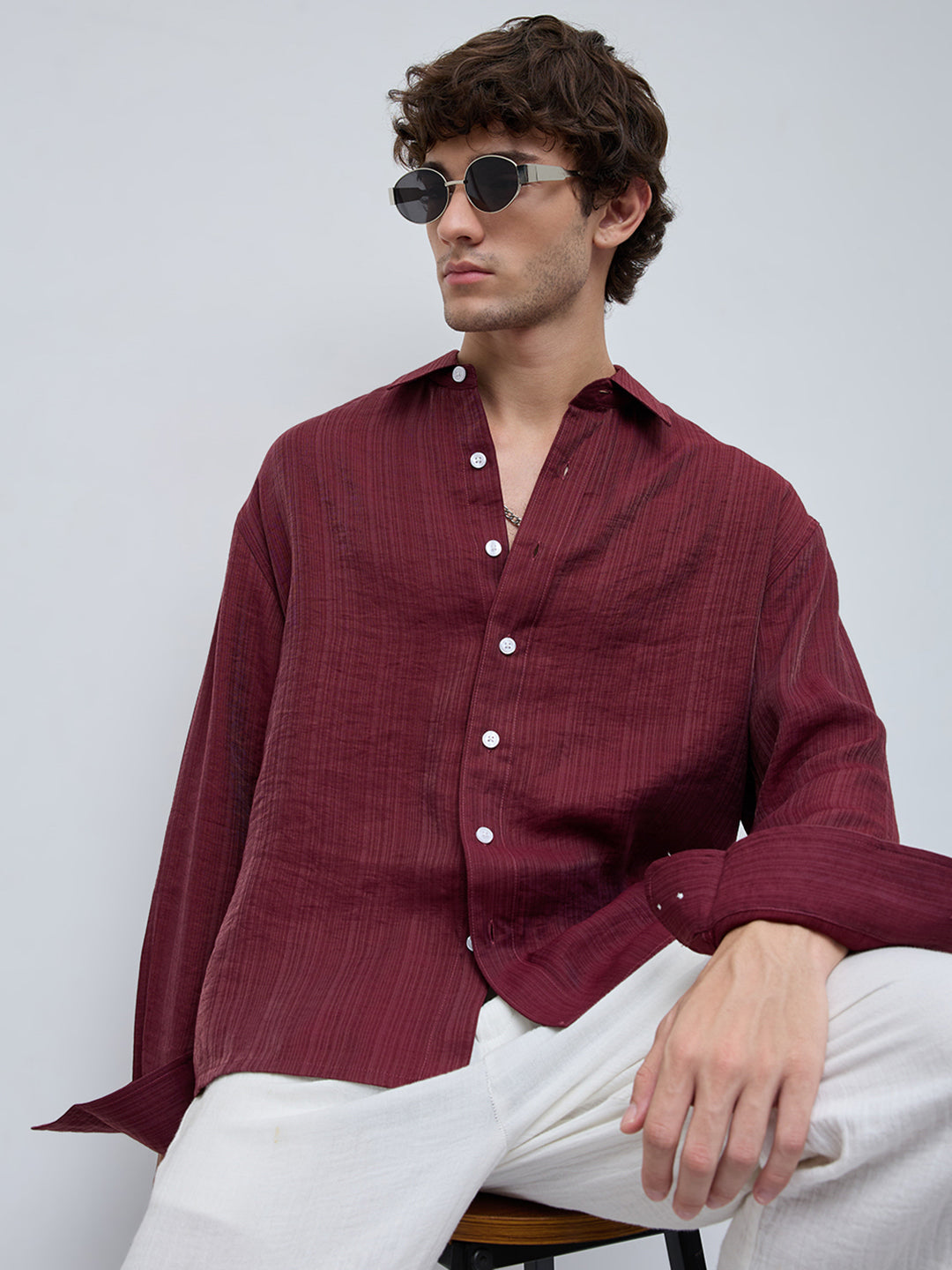 Crimpson Red Textured Boxy Fit Crop shirt