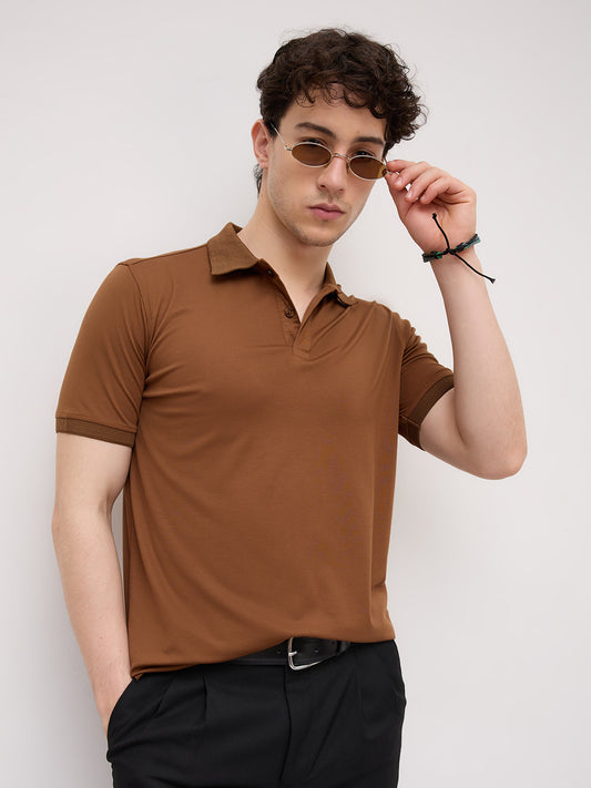 Solid Caramel Brown Honeycomb Polo Knit T-Shirt