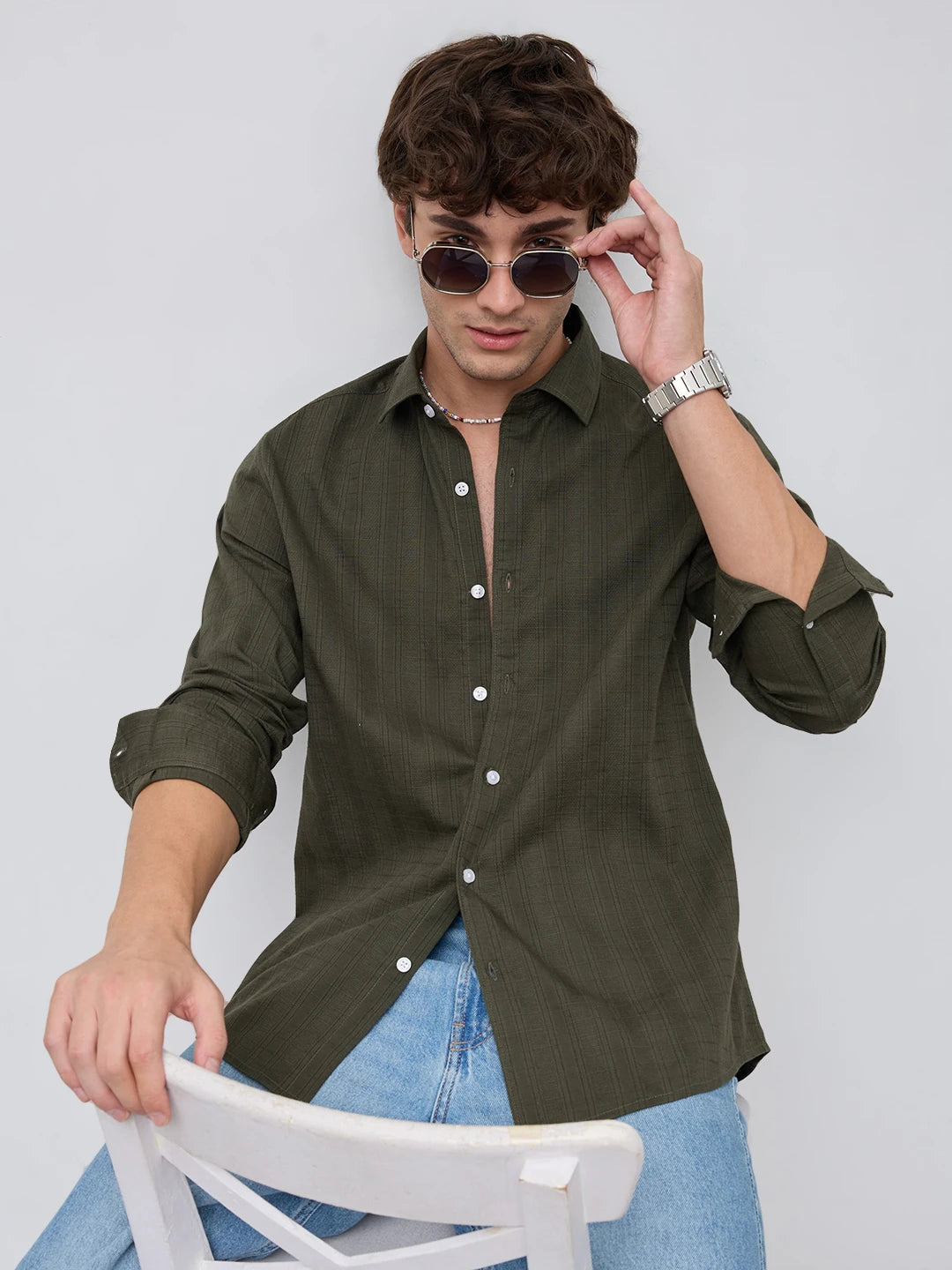 Deep Olive Elevated Grid Detail Checks Shirt