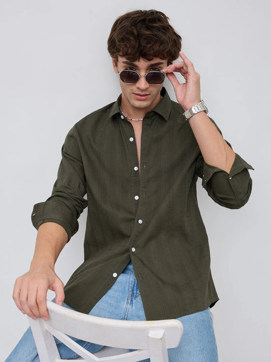 Deep Olive Elevated Grid Detail Textured Shirt