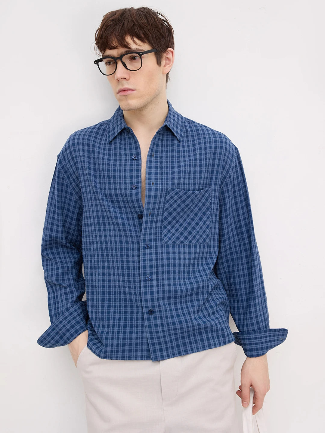 Prussian Blue Atelier Checked Boxy Fit Crop Shirt