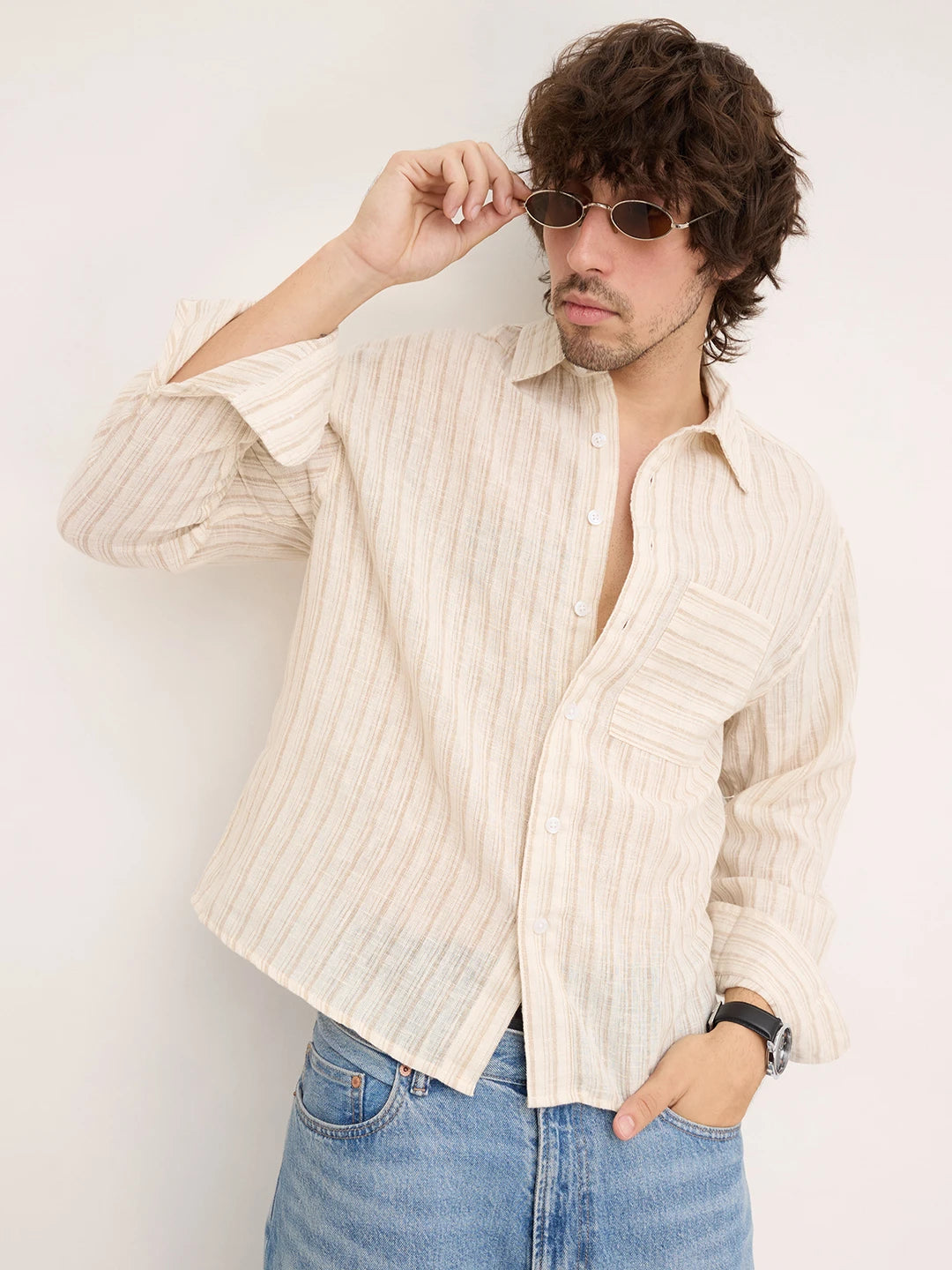 Off White Beige and Brown Striped Boxy Fit Crop Shirt
