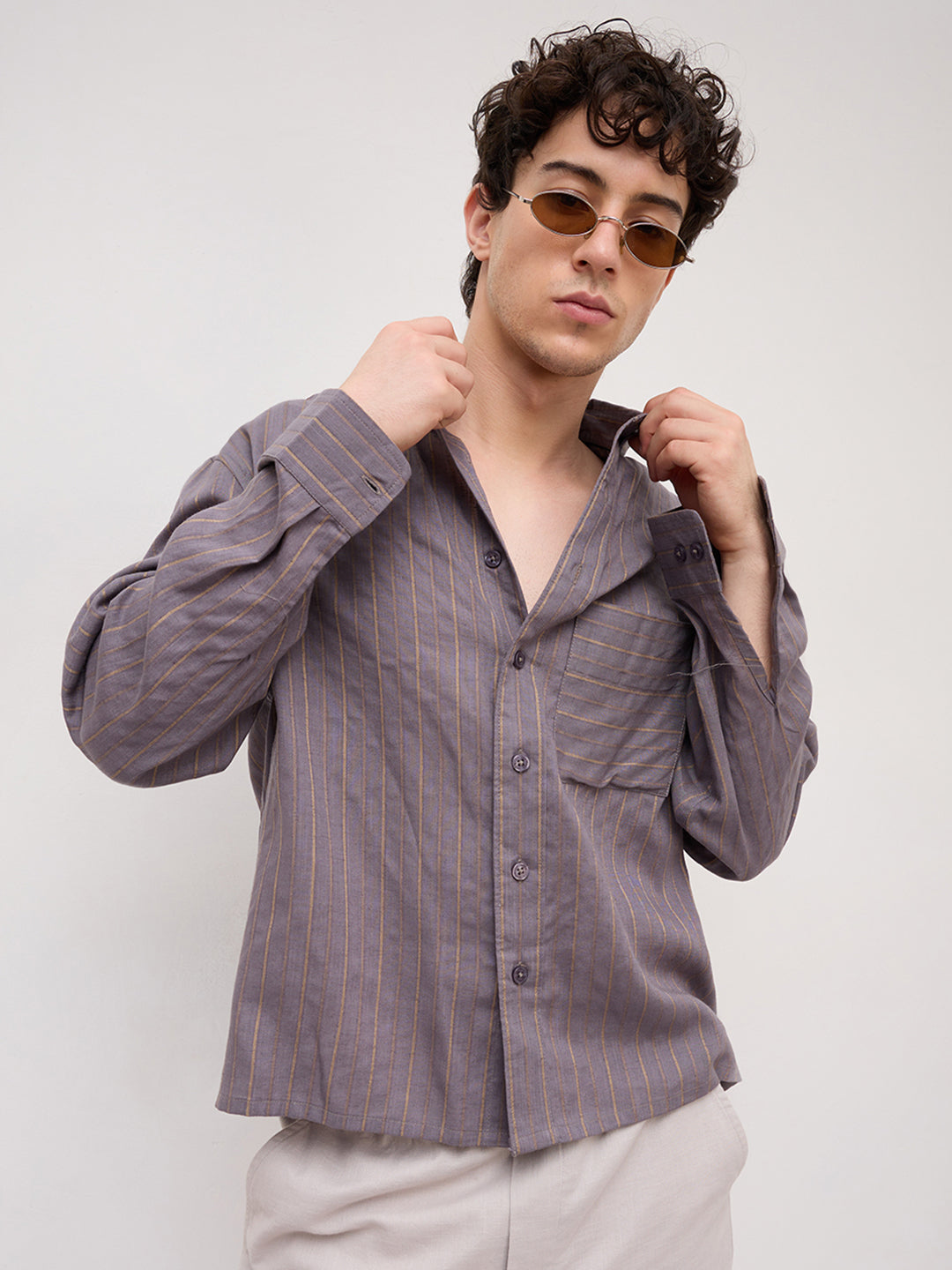 Luxe Purple & Gold Striped Linen Blend Boxy Fit Crop Shirt