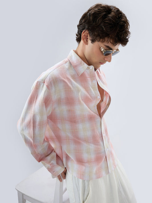 Peachy Pink Textured Checks Weave Linen Blend Boxy Fit Crop Shirt