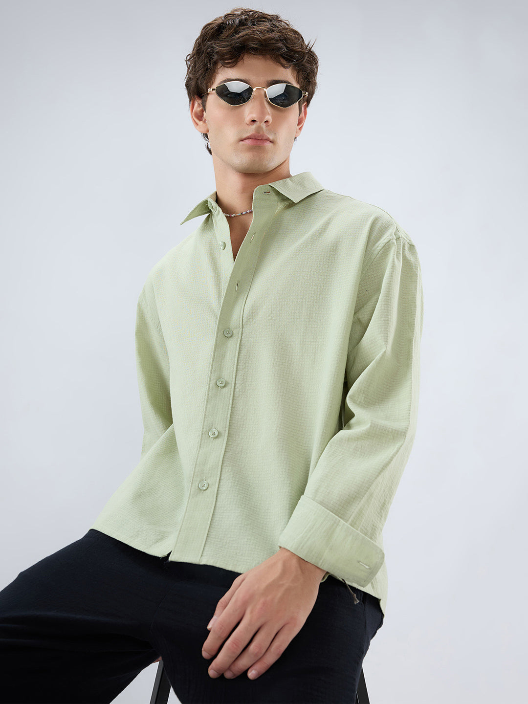 Sage Green Micro Weave Boxy Fit Crop Shirt