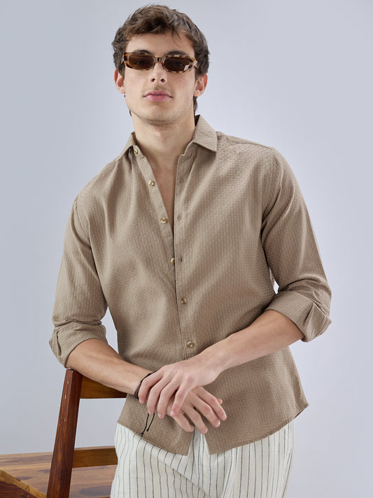 Warm Tan Beige Refined Textured Shirt