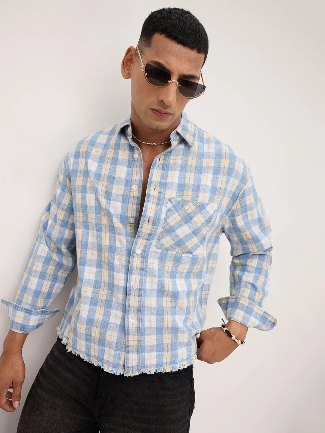 Distressed Hem Denim Vintage Explorer Checks Boxy Fit Crop Shirt