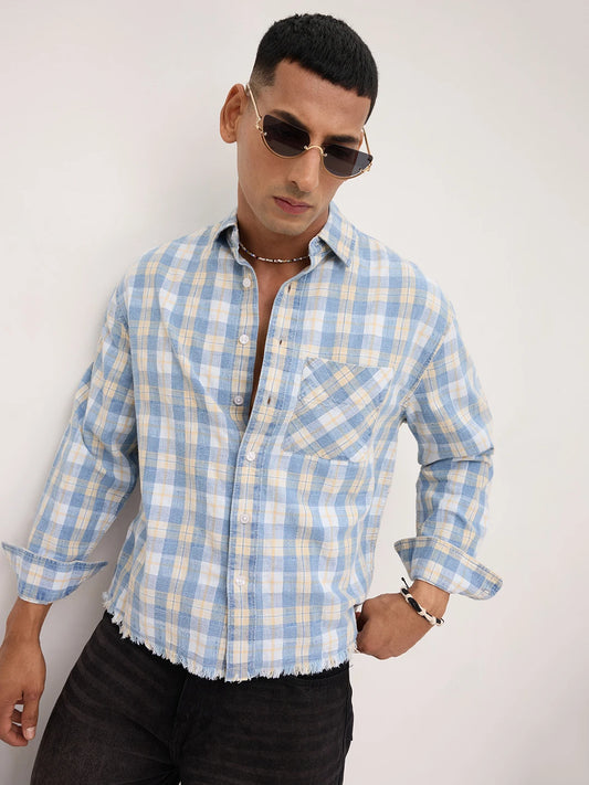 Distressed Hem Denim Vintage Explorer Checks Boxy Fit Crop Shirt