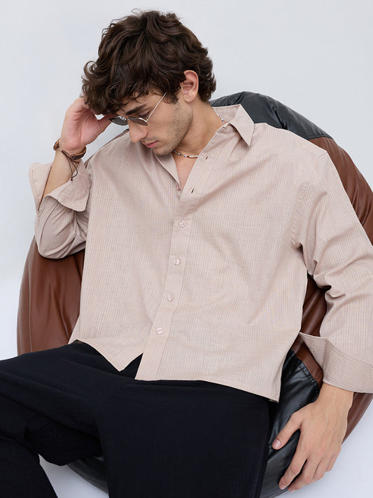 Natural Beige Sheer Fine Weave Boxy Fit Crop Shirt