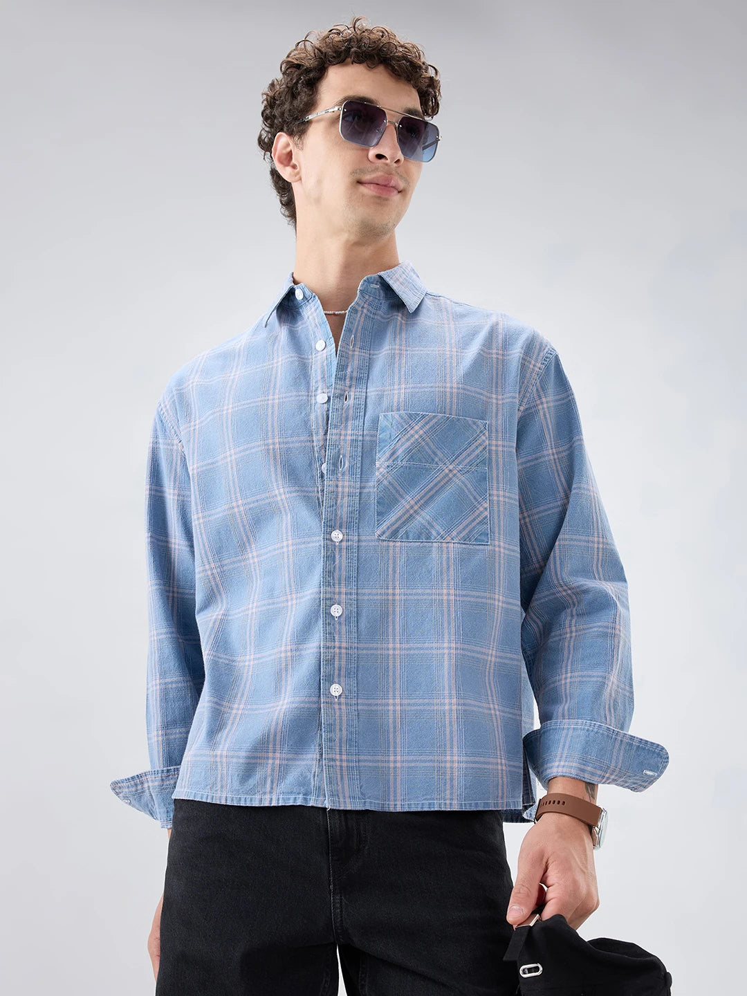 Denim Blue Multi Line Plaid Checks Boxy Fit Shirt
