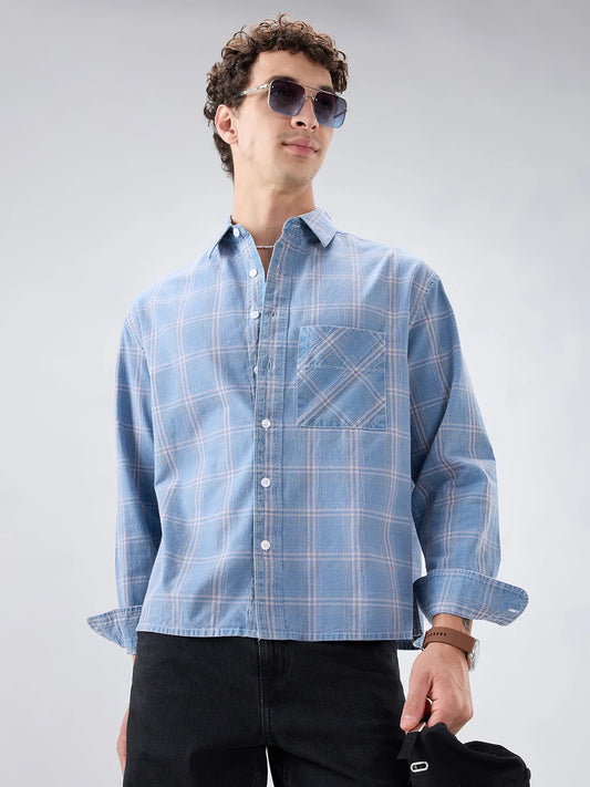 Denim Blue Multi Line Plaid Checks Boxy Fit Shirt