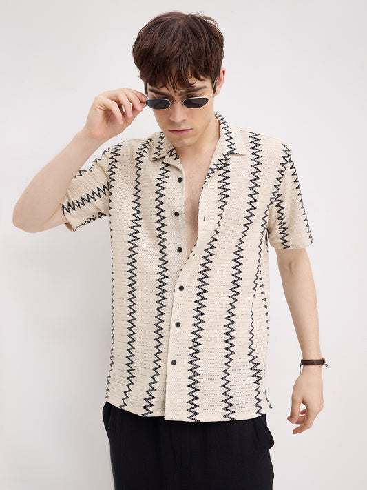 Beige & Black Chevron Striped Notch Collar Oversized Shirt