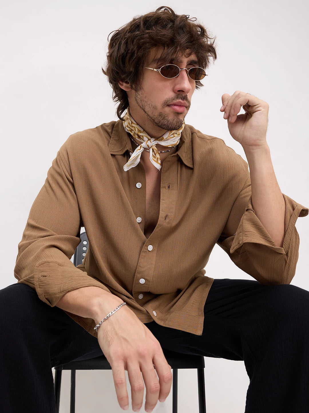 Chocolate Brown Crepe Textured Boxy Fit Crop Shirt
