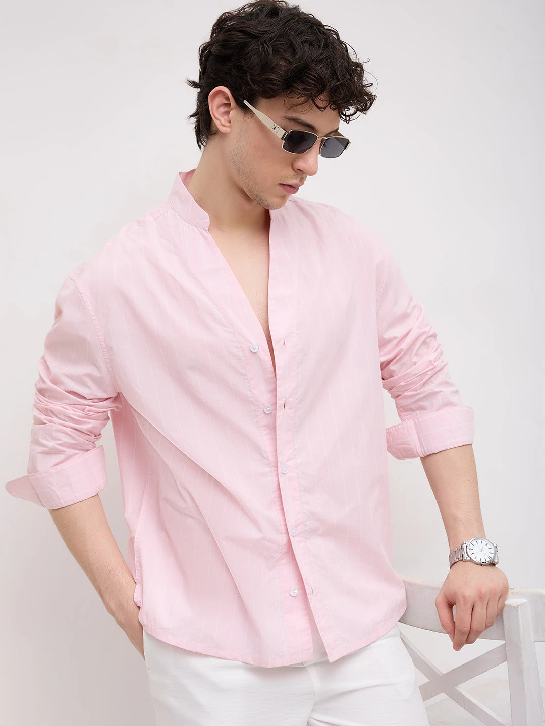 Baby Pink Pinstripe Stand Collar Oversized Shirt