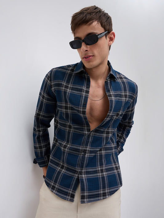Ocean Blue Contrast Plaid Checks Shirt