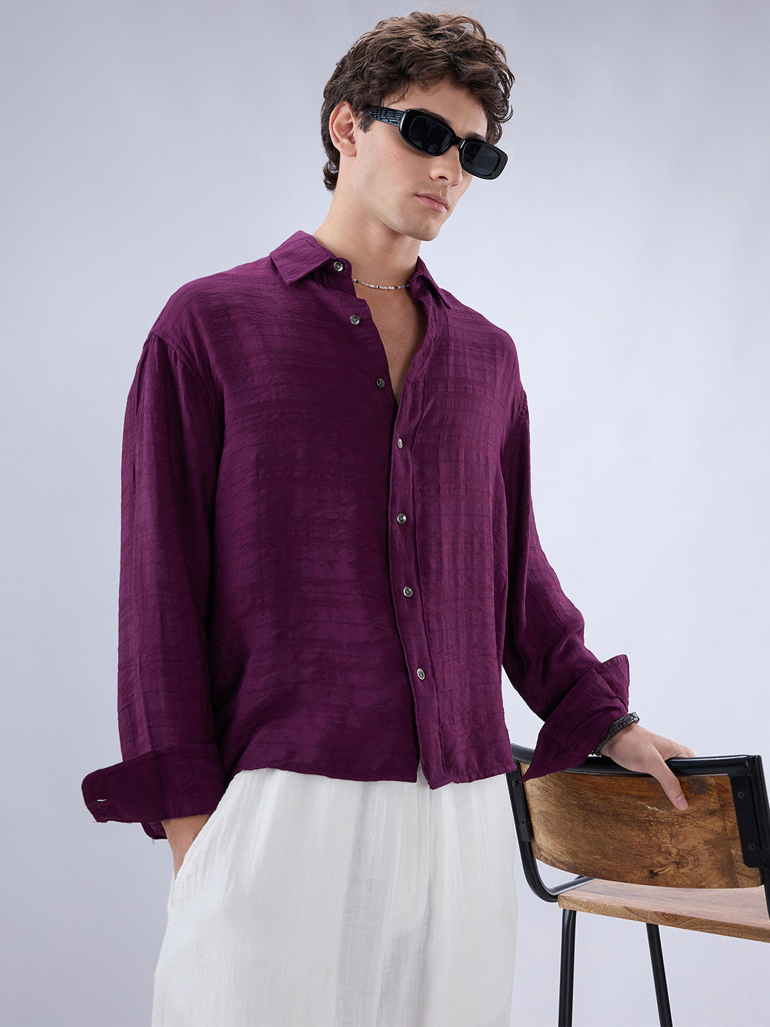 Deep Wine Horizontal Textured Oversized Crop Shirt
