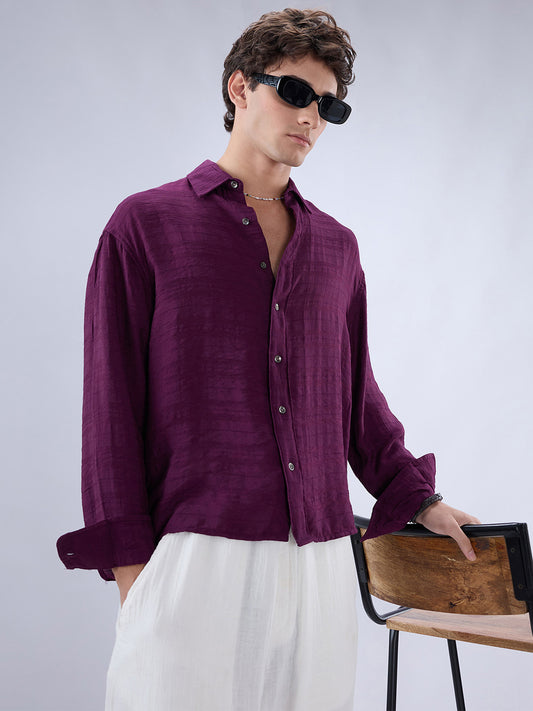 Deep Wine Horizontal Textured Oversized Crop Shirt