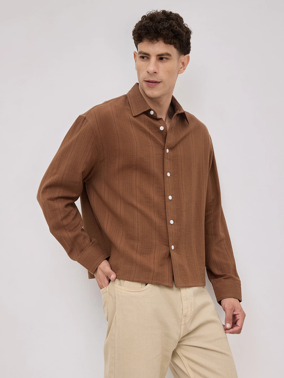 Cocoa Double Cloth Seersucker Striped Boxy Fit Crop Shirt