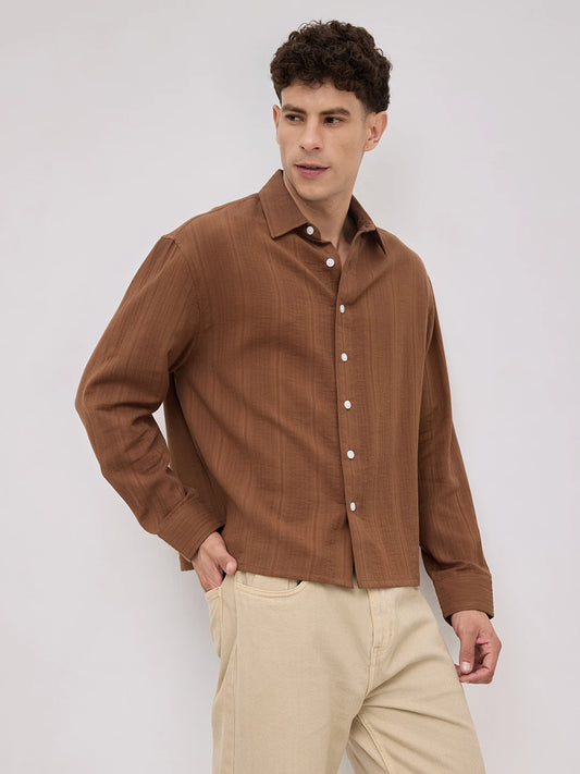 Cocoa Double Cloth Seersucker Striped Boxy Fit Crop Shirt