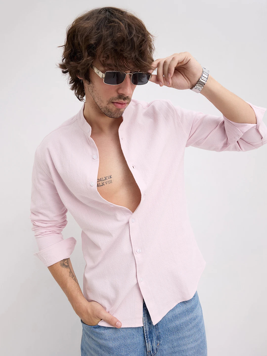 Charming Blush Pink Solid Mandarin Shirt