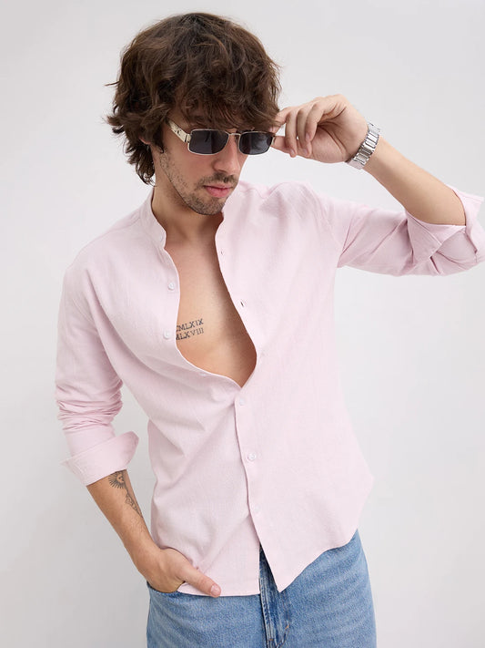 Charming Blush Pink Solid Mandarin Shirt