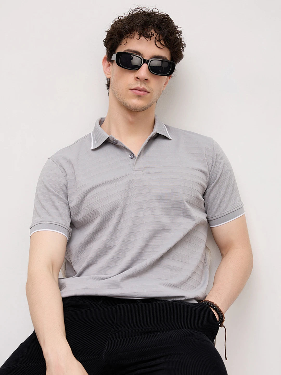 Silver Grey Horizontal Stripe Contrast Polo Knit T-Shirt