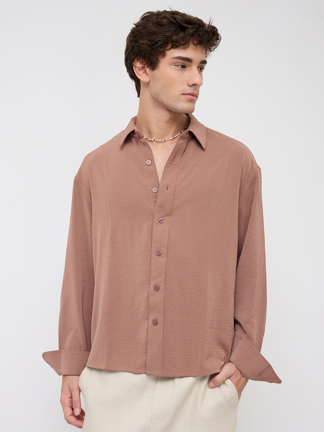 Luxe Russet Brown Ultra Soft Crinkled Boxy Fit Crop Shirt
