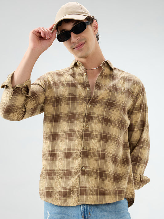 Brown Seersucker Checkered Shirt