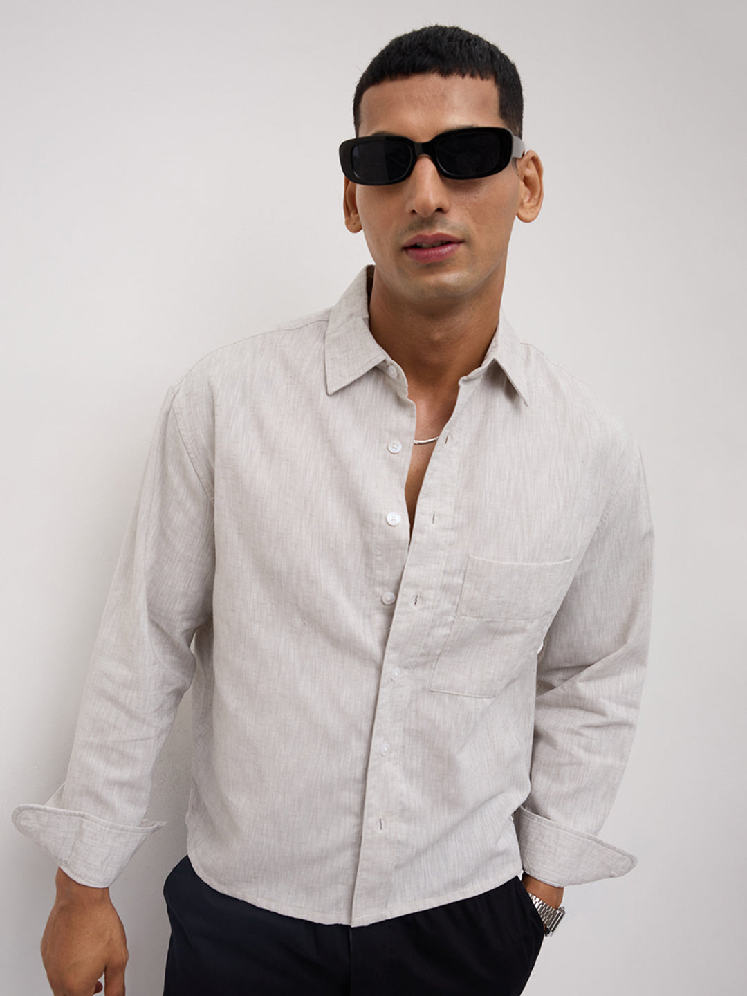 Grey Melange Textured Boxy Fit Crop Shirt